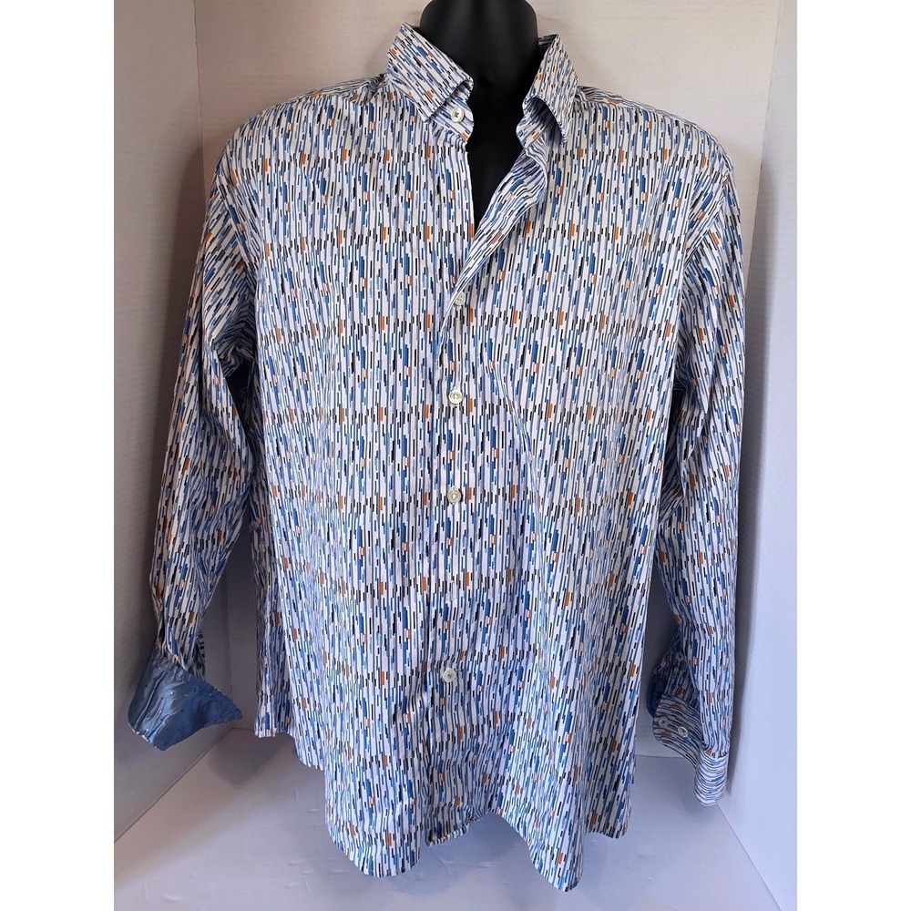 Paulo Solari XL Performance Stretch Modern Fit Blue Orange Geometric Shirt